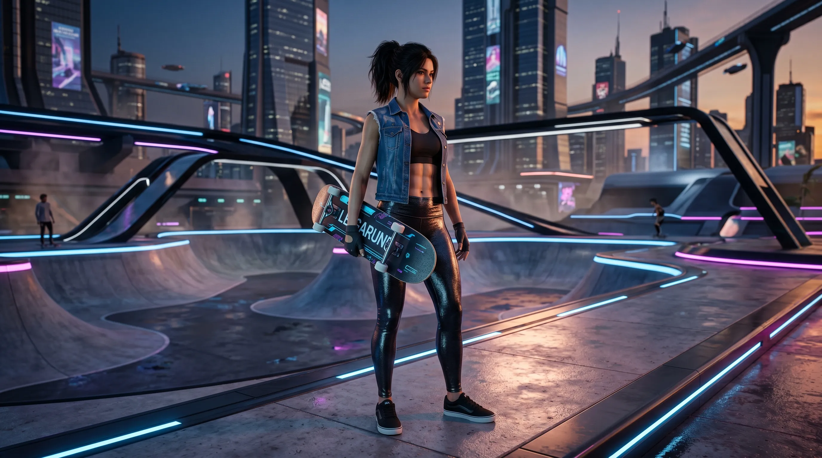 unnamed skateboard character Wearing yoga super shiny foil 202604301946 RAY TRACING art