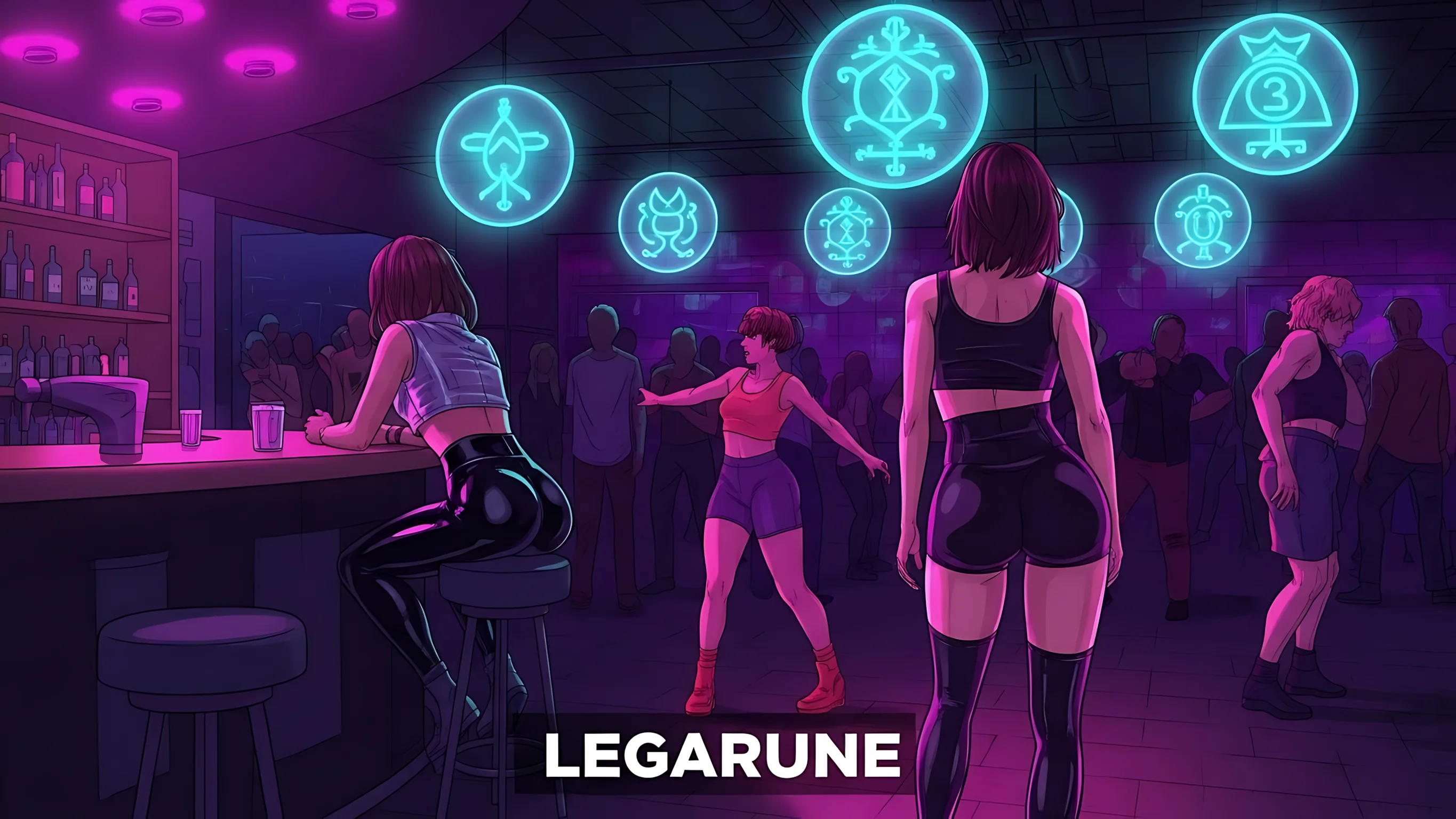These images show a slice of nightlife on a distant Legarune-world, where clubs glow like small suns and everything feels half‑digital, half‑mythic.